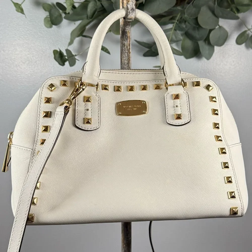 Michael Kors Selma Studded Saffiano Leather  White Handbag